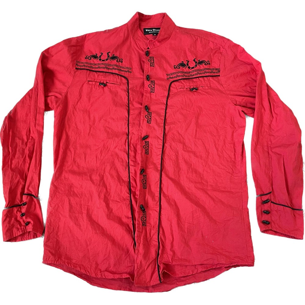 WHITE DIAMONDS EMBROIDERED WESTERN SHIRT Red Black Horseshoes USA Mens Medium